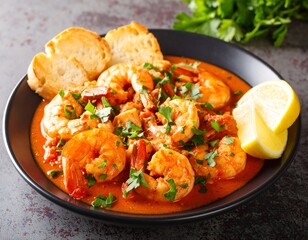 A vibrant dish of shrimp swimming in a rich, reddish sauce. Garnished with fresh parsley and served with toasted bread and lemon