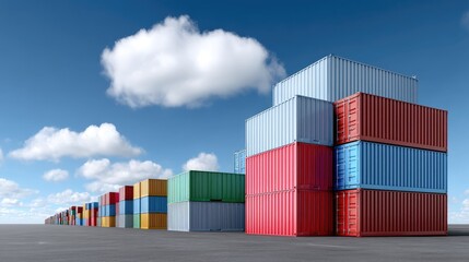Fototapeta premium Colorful shipping containers stacked together under a clear blue sky with white clouds, representing global trade and transportation logistics