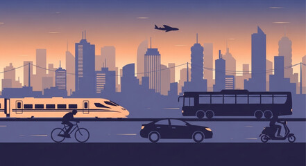 City transportation scene with train bus car and bicycle. © Ewing