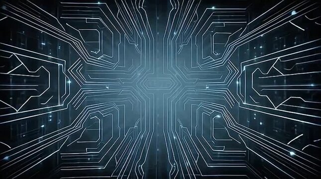 Abstract glowing circuit board pattern representing data flow and technological infrastructure.