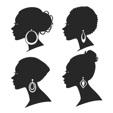 Four black silhouettes of women with different hairstyles and earrings