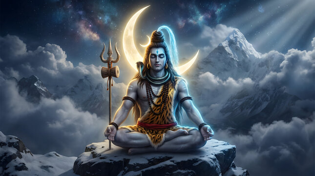 Lord Shiva Meditating on Mount Kailash with Divine Cosmic Aura