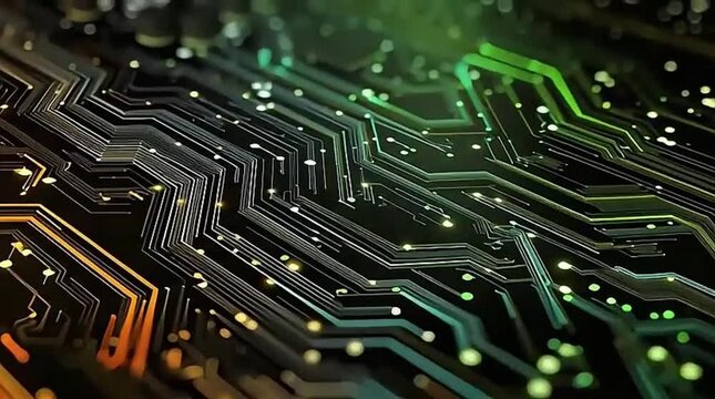 Abstract Circuit Board with Dynamic Data Flow and Gradient Illumination