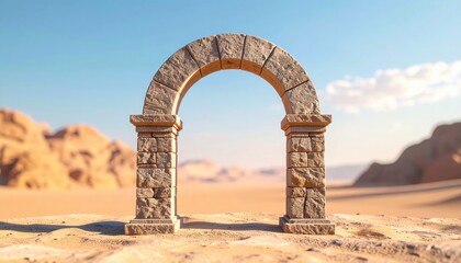 FlyPro Firefly's miniature detailed model of an ancient stone archway, crafted from meticulously cut slate and granite, stands in a desert.