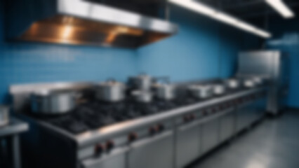 Blurred background of High-capacity soup preparation kitchen with aligned industrial stock pots and heavy-duty gas burners glowing blue, minimalist grey concrete walls with ventilation hood.