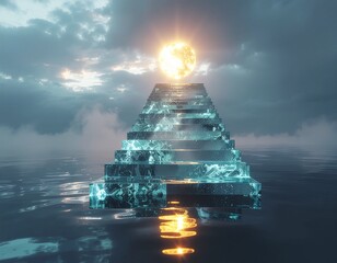 surreal glowing glass staircase rising from a dark misty ocean toward a golden sun portal, representing a journey to success
