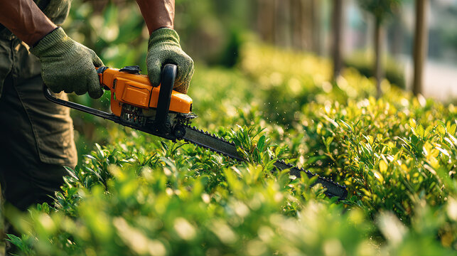 Gardener Trimming Hedge: A skilled gardener, wearing gloves, meticulously trims a vibrant green hedge with a powered trimmer, showcasing precision and dedication. 