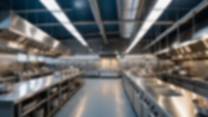 Naklejka premium Blurred background of High-capacity modern public kitchen hall with long stainless prep tables extending into distance and massive ventilation hood above, open industrial ceiling with exposed beams.