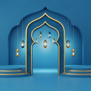 Ramadan eid celebration background with traditional islamic arch and lanterns