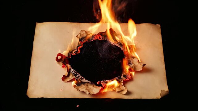 Burning document with flames engulfing the edges and center.