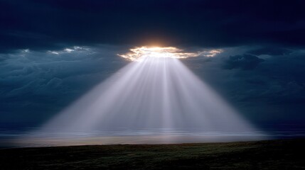 Dramatic Rays of Light Emerging Through Dark Clouds Over Tranquil Ocean Waters at Sunset with Reflections on Calm Surface