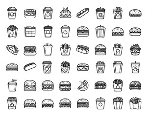 A grid of fast food icons, black outlines, on a white background