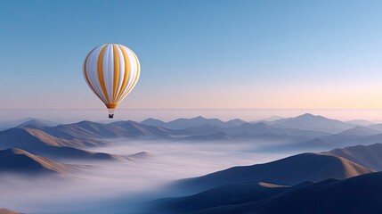 Obraz premium Colorful hot air balloon floating over serene mountains and misty valleys at sunrise, showcasing vibrant colors and breathtaking landscapes in nature