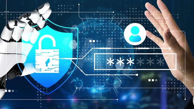Futuristic robot arm protecting digital identity with shield icon and password input concept in cybersecurity and technology environment Gluon.
