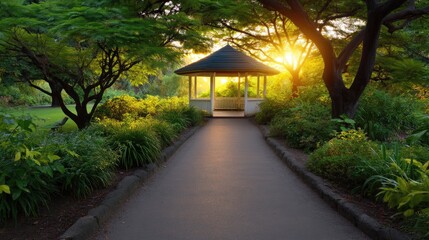 Obraz premium Serene Garden Pathway Leading to a Charming Gazebo Surrounded by Lush Greenery and Glowing Sunset in a Peaceful Nature Setting