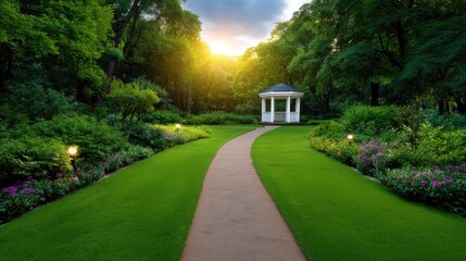 Fototapeta premium Serene Garden Pathway with Gazebo Surrounded by Lush Greenery and Flowering Plants at Sunset in a Peaceful Landscape Setting