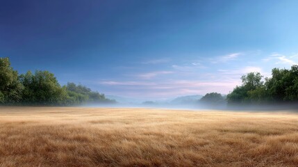 Obraz premium Serene Morning Landscape with Fog Over Golden Grass Field and Lush Green Trees Under Clear Blue Sky in Tranquil Environment