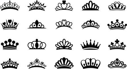 Collection of 20 black silhouette icons of various crowns and tiaras Keywords: crown, tiara, royal, royalty, queen, king © Shahajan