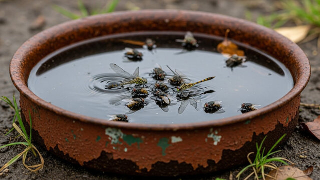 Dragonflies and flies in water dish after rain in the garden outside