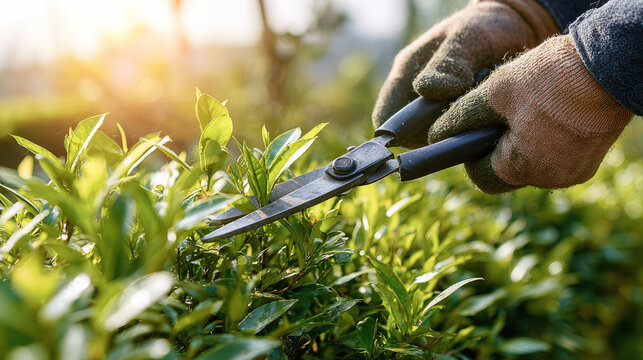 Hands at Work: Close-up of gloved hands precisely using pruning shears on vibrant green shrubs. Sun rays enhance the beauty of nature's detail, highlighting gardening expertise