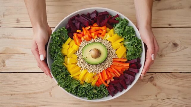 Hands hold a colorful bowl of healthy food arranged in a circular pattern on a wooden surface