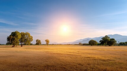 Obraz premium Serene Landscape with Golden Field Under Clear Blue Sky and Bright Sunlight with Distant Mountains in Early Morning or Late Afternoon