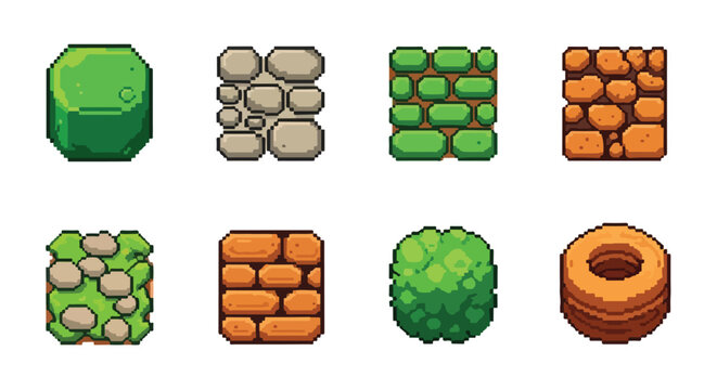 A varied collection of pixel art game sprites and textures, featuring natural elements, building blocks, and distinct objects.