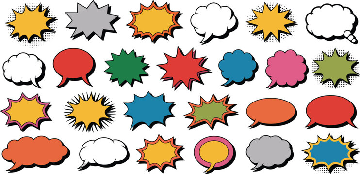 A vibrant collection of pop art style comic speech and explosion bubbles for expressive communication