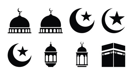 Islamic cultural symbol vector set featuring mosque domes crescent moons stars lanterns and kaaba black icons on white background for ramadan and eid celebrations © Soma
