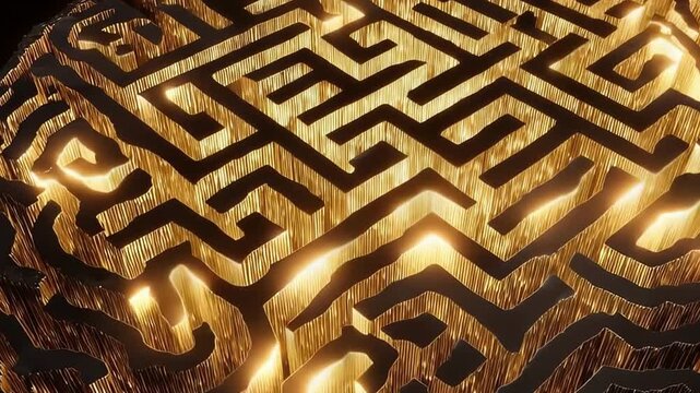 A glowing, abstract labyrinth or maze pattern in black sits atop a shimmering, golden-textured surface. Bright light seeps through the maze, creating a dramatic and radiant visual effect