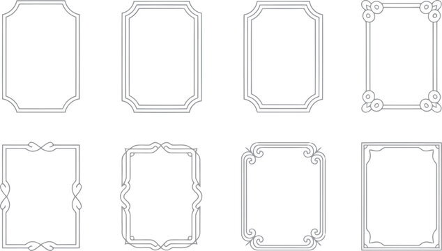 An elegant collection of eight decorative frame borders with varied classic designs on a simple white background