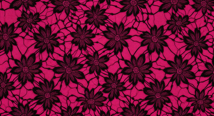 ビビッドピンクとブラックのゴシックフラワーパターン背景（ラグジュアリーな花柄デザイン）
