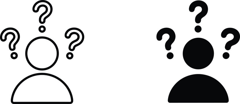 Two icons of a person with question marks above their head one outlined one solid Keywords: question mark, thinking, confusion