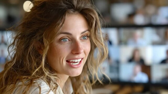 A smiling woman with wavy hair is seen in a close-up. She looks content and confident, with a blurred background of people in what appears to be a virtual meeting or video conference setting