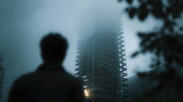 A solitary silhouette stands observing a towering unfinished skyscraper lost in dense fog symbolizing urban development and mystery