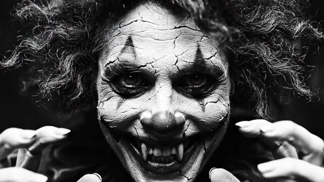 Menacing scary clown with fangs in dramatic black and white
