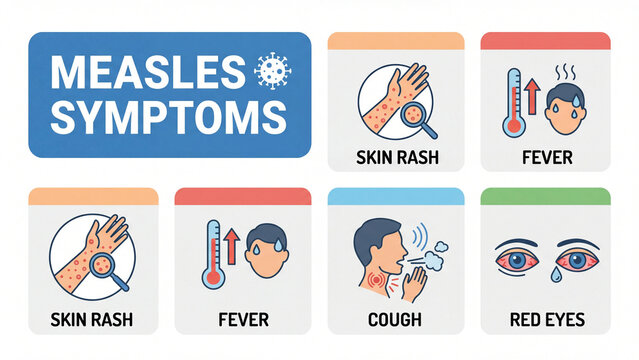 Measles symptoms medical infographic illustrating viral infection signs including fever rash and complications for vaccination awareness pediatric healthcare education and infectious prevention