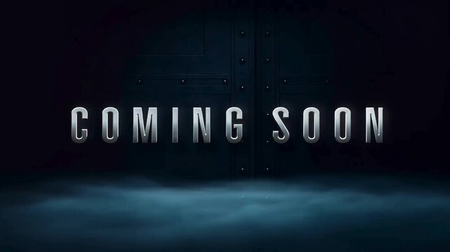 Cinematic "Coming Soon" text animation with glowing light rays emerging from opening heavy metal doors in a dark, smoky atmosphere. Perfect for movie trailers, product launches, and event teasers.