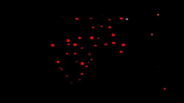 A pixelated, glitch-style pink and red heart shape stands out against a black background. The abstract digital aesthetic gives a modern, retro, and cyberpunk vibe