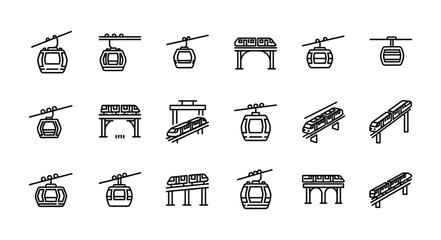 Collection of cable car and monorail icons in a simple line art style. © Keyu