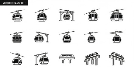 Collection of cable car and monorail icons for transportation. © Keyu