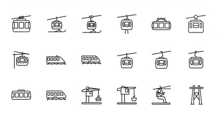 Collection of cable car and ski lift icons in a grid. © Keyu