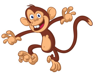 Obraz premium Cartoon funny brown monkey chimpanzee jumping or dancing. Vector illustration isolated on white