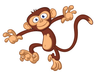 Obraz premium Cartoon funny brown monkey chimpanzee jumping or dancing. Vector illustration isolated on white