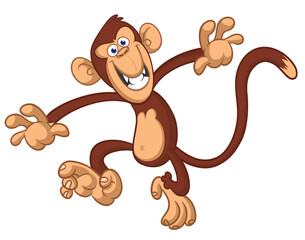 Obraz premium Cartoon funny brown monkey chimpanzee jumping or dancing. Vector illustration isolated on white