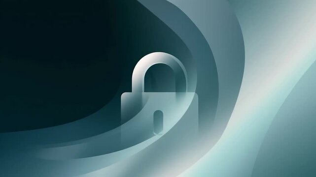 A stylized padlock icon is centered against a smooth, abstract background of blue and teal curves. The image evokes cybersecurity, privacy, protection, and digital data encryption