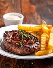 A grilled steak and fries served with a sauce on a plate