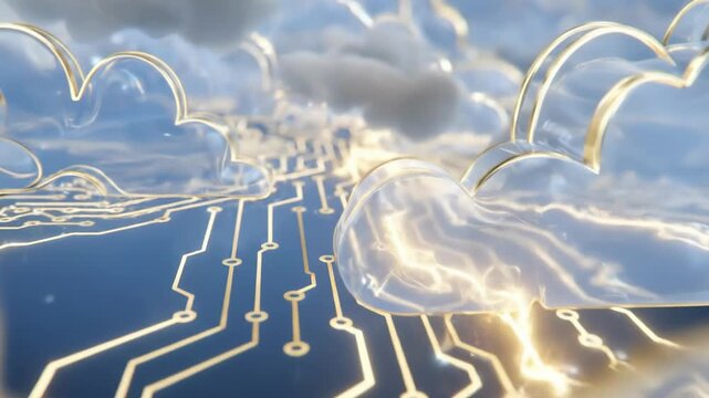 A digital illustration of multiple cloud shapes outlined in gold, with circuit board patterns inside them. The image represents cloud computing, digital networks, and modern technology in a futuristic