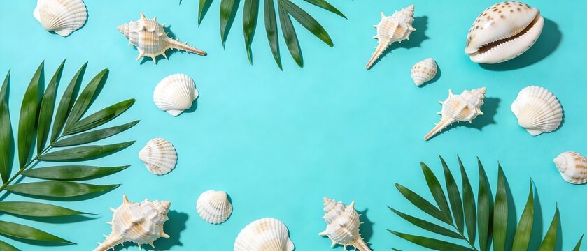 貝殻とグリーンが彩るターコイズの海を感じる夏の爽快背景デザイン