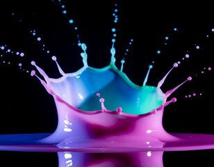 vibrant neon pink and blue paint splash forming a crown shape against a black background, capturing high-speed motion and creative energy